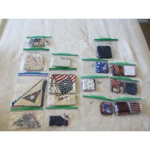 FABRIC, LOT OF 14 BAGGIES OF PRE-CUT PATRIOTIC QUILTING FABRIC SQUARES TRIANGLES